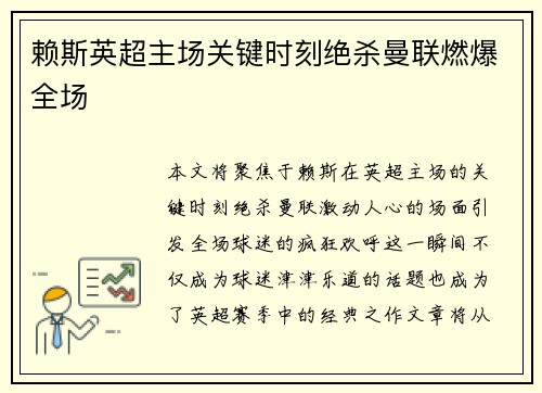 赖斯英超主场关键时刻绝杀曼联燃爆全场